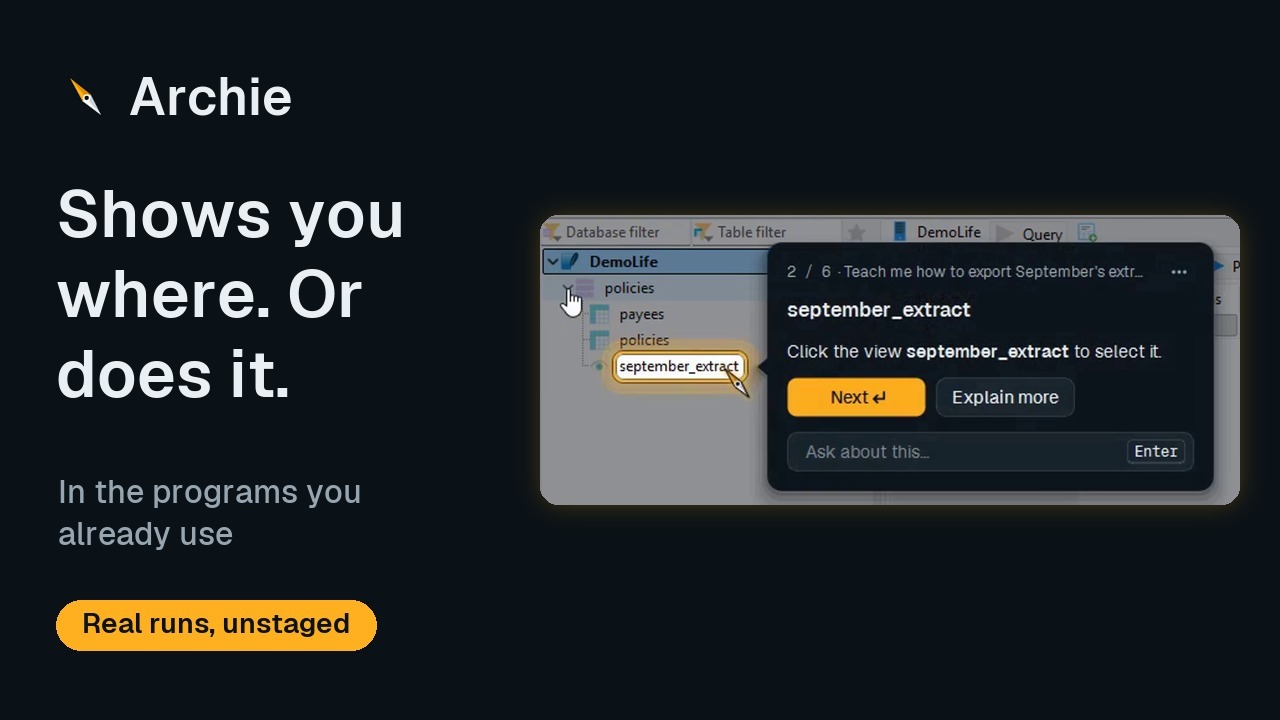 Archie teaching in a database tool: a ring on the item to click, and a bubble with the step.